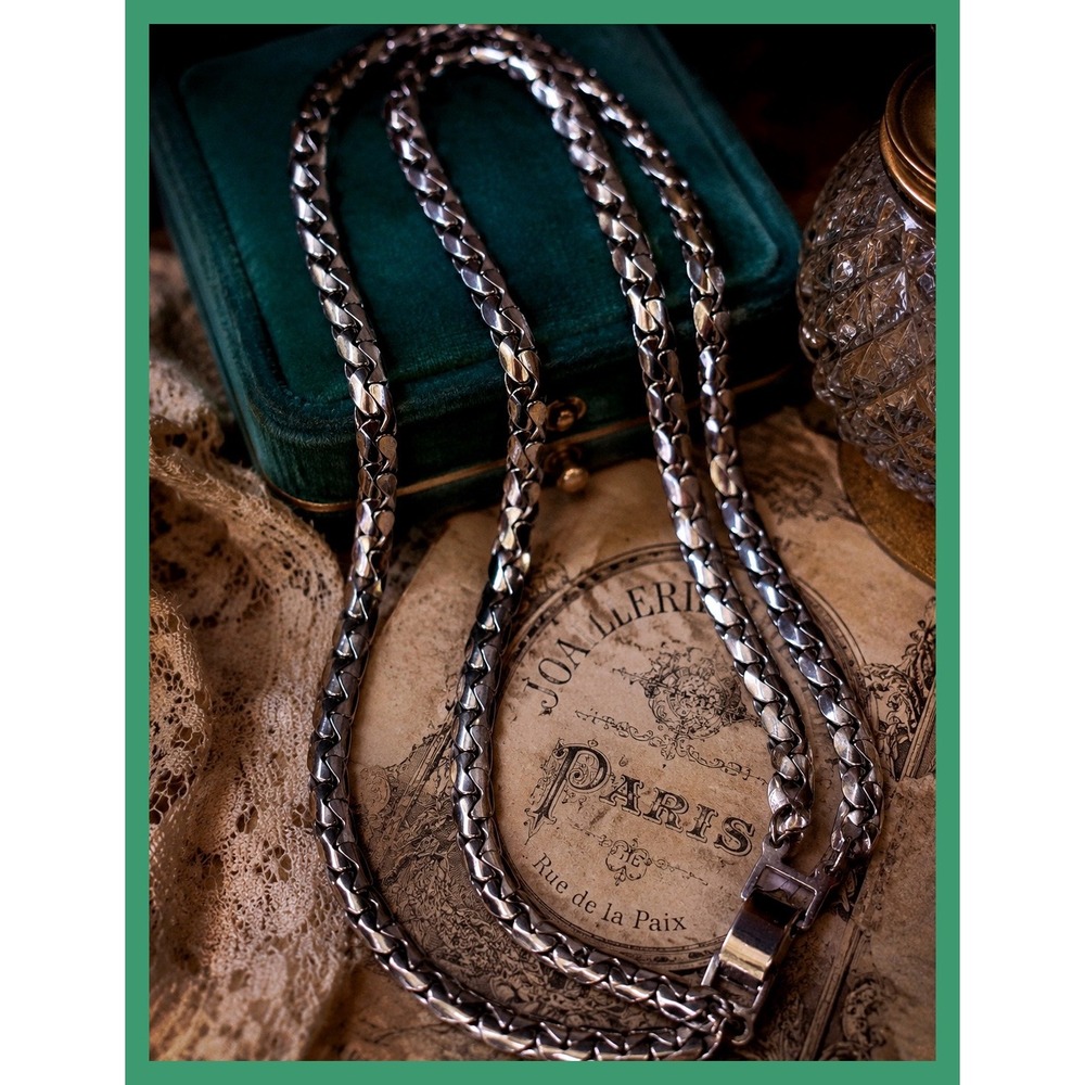 Double Byzantine Style Chain Necklace Silver Tone Woven Link Statement Necklace